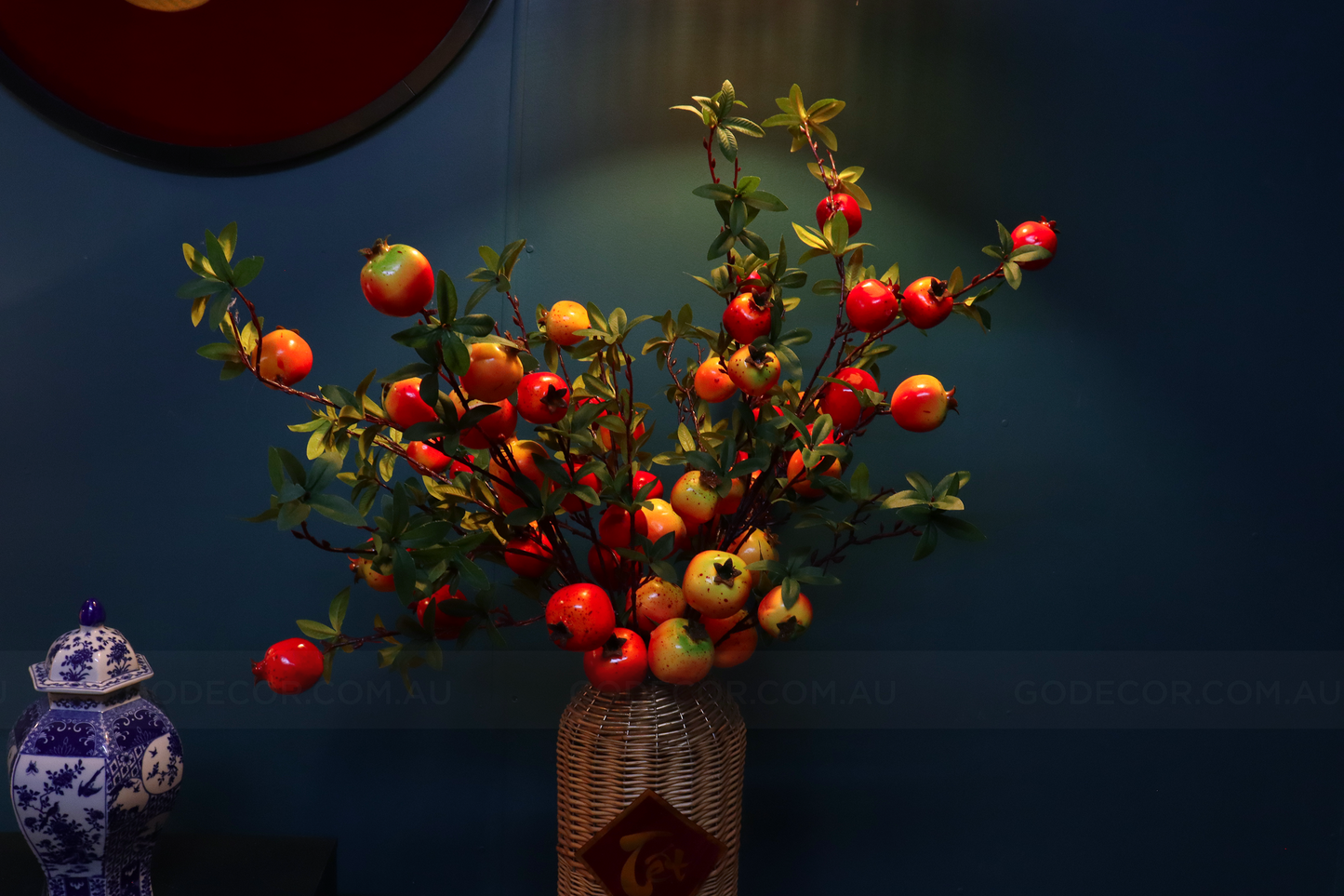 1M TALL Artificial Flowers Arrangement Realistic Pomegranate Branches In Rattan Vase (ARCO1)