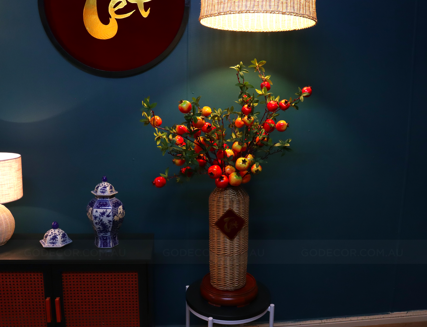 1M TALL Artificial Flowers Arrangement Realistic Pomegranate Branches In Rattan Vase (ARCO1)