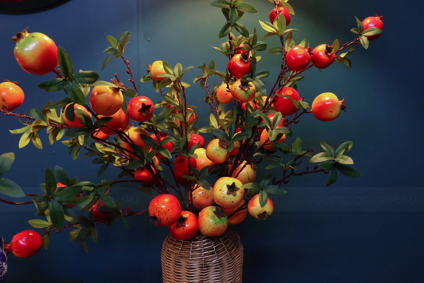 1M TALL Artificial Flowers Arrangement Realistic Pomegranate Branches In Rattan Vase (ARCO1)