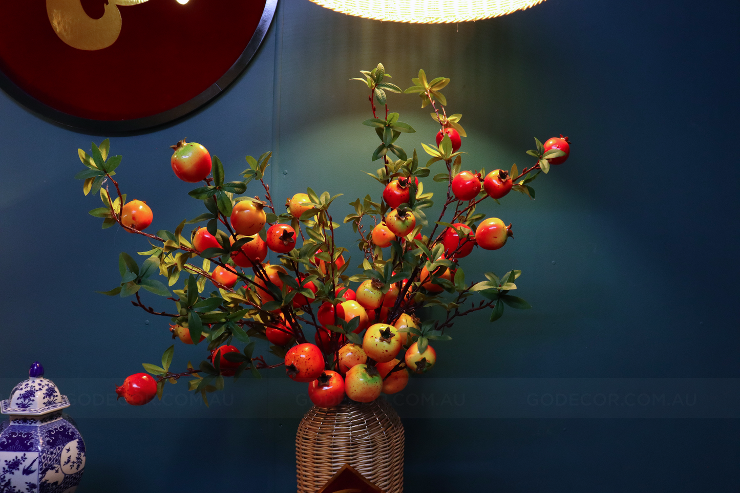 1M TALL Artificial Flowers Arrangement Realistic Pomegranate Branches In Rattan Vase (ARCO1)