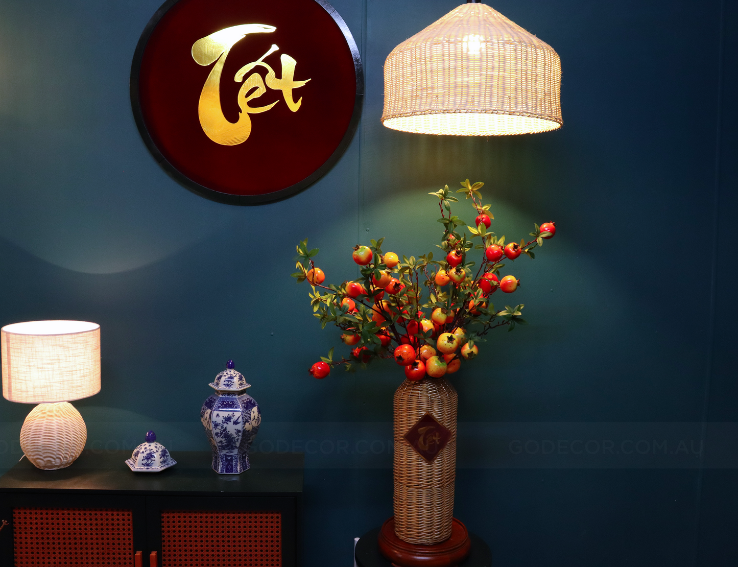 1M TALL Artificial Flowers Arrangement Realistic Pomegranate Branches In Rattan Vase (ARCO1)