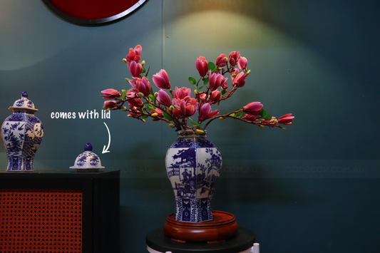 63CM Tall Artificial Flower Arrangement Realistic Pink Magnolia In Blue & White Pattern Jar (ARCH1)