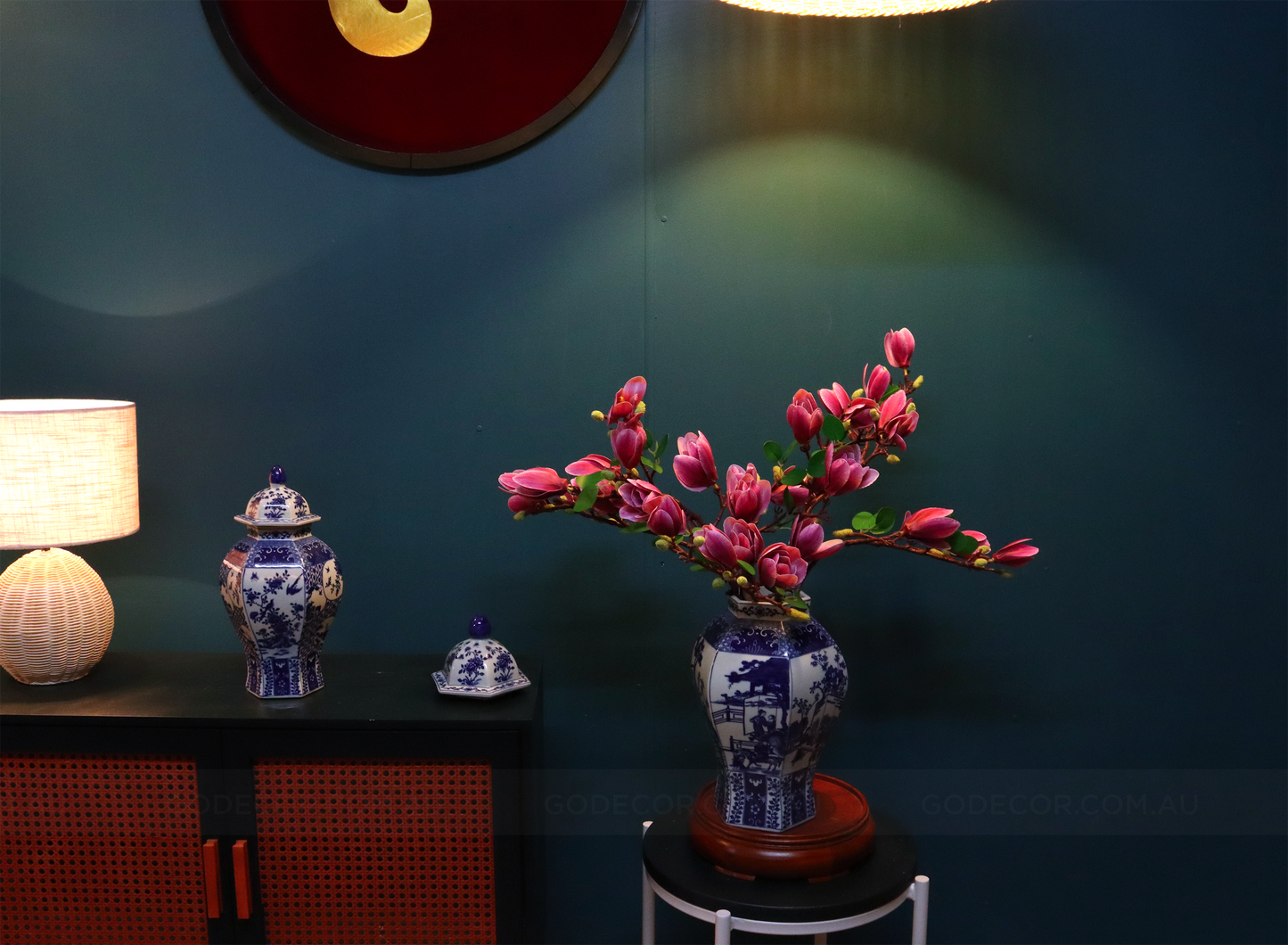 63CM Tall Artificial Flower Arrangement Realistic Pink Magnolia In Blue & White Pattern Jar (ARCH1)