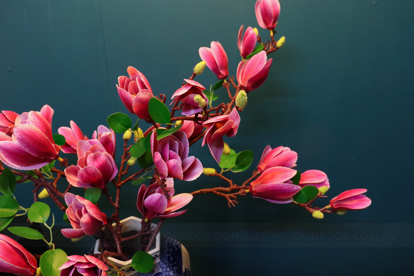 63CM Tall Artificial Flower Arrangement Realistic Pink Magnolia In Blue & White Pattern Jar (ARCH1)