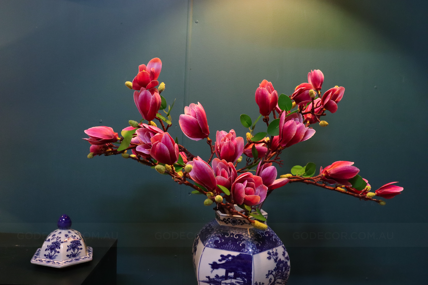 63CM Tall Artificial Flower Arrangement Realistic Pink Magnolia In Blue & White Pattern Jar (ARCH1)