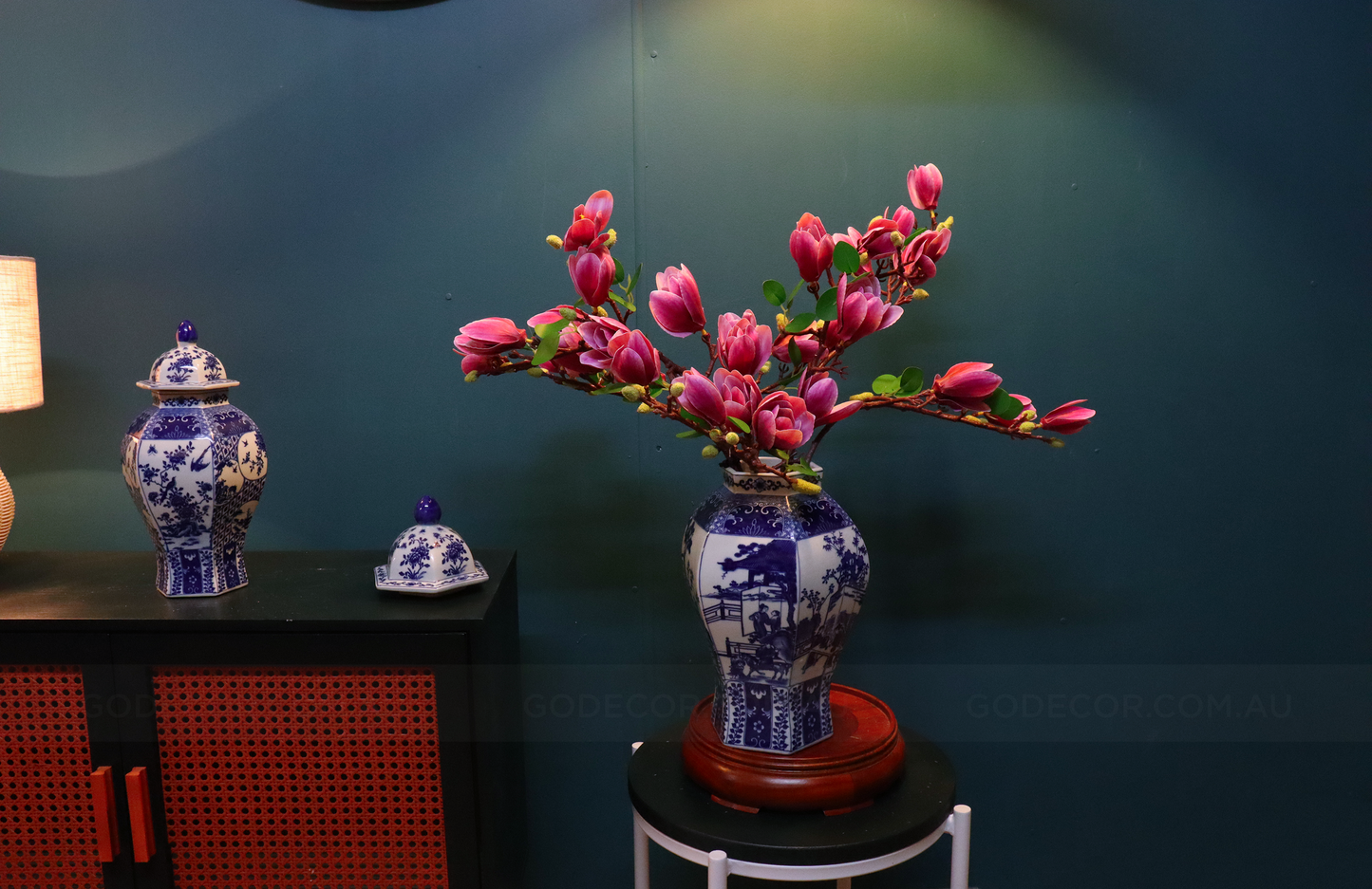 63CM Tall Artificial Flower Arrangement Realistic Pink Magnolia In Blue & White Pattern Jar (ARCH1)