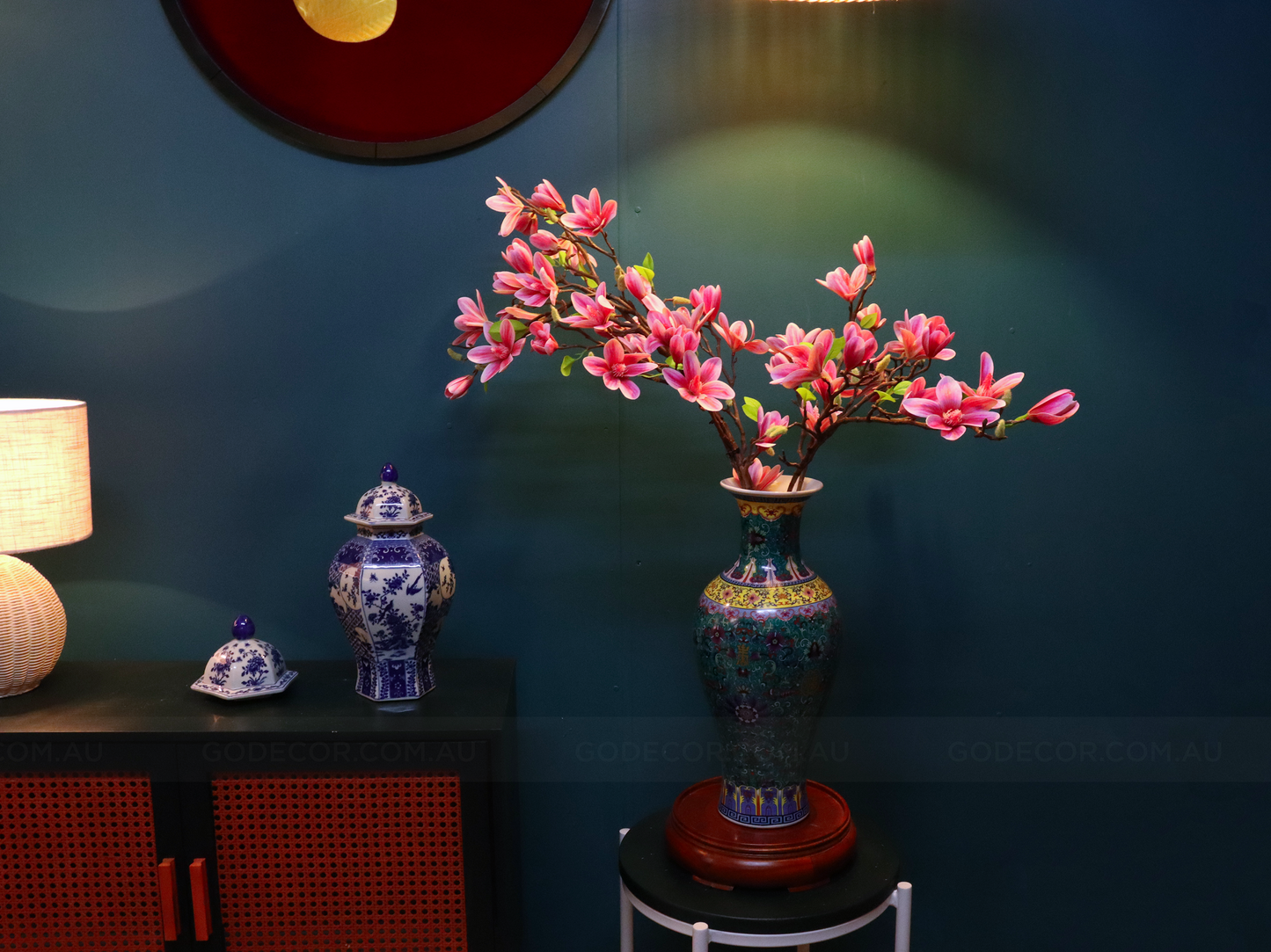 80CM Tall Artificial Flower Arrangement Magnolia In Chinese Pattern Vase (ARCI1)