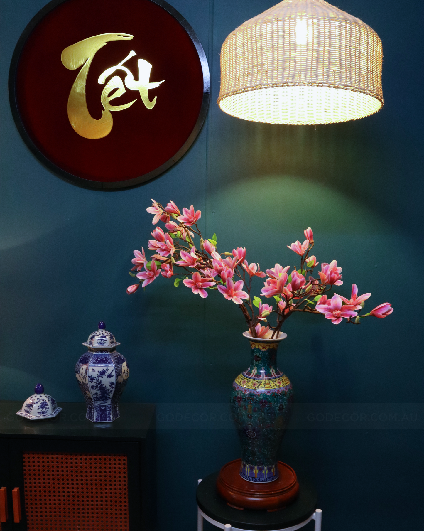 80CM Tall Artificial Flower Arrangement Magnolia In Chinese Pattern Vase (ARCI1)