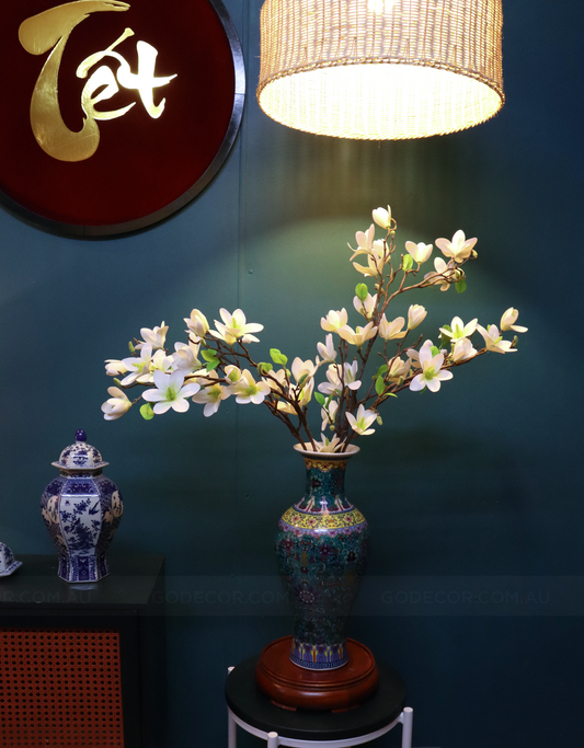 80CM Tall Artificial flower Arrangement White Magnolia In Chinese Pattern Vase (ARCJ1)