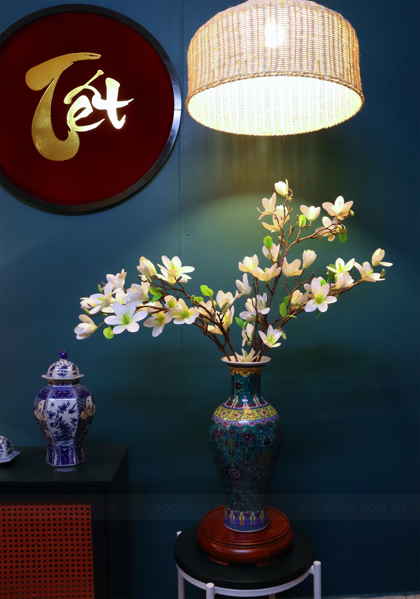 80CM Tall Artificial flower Arrangement White Magnolia In Chinese Pattern Vase (ARCJ1)