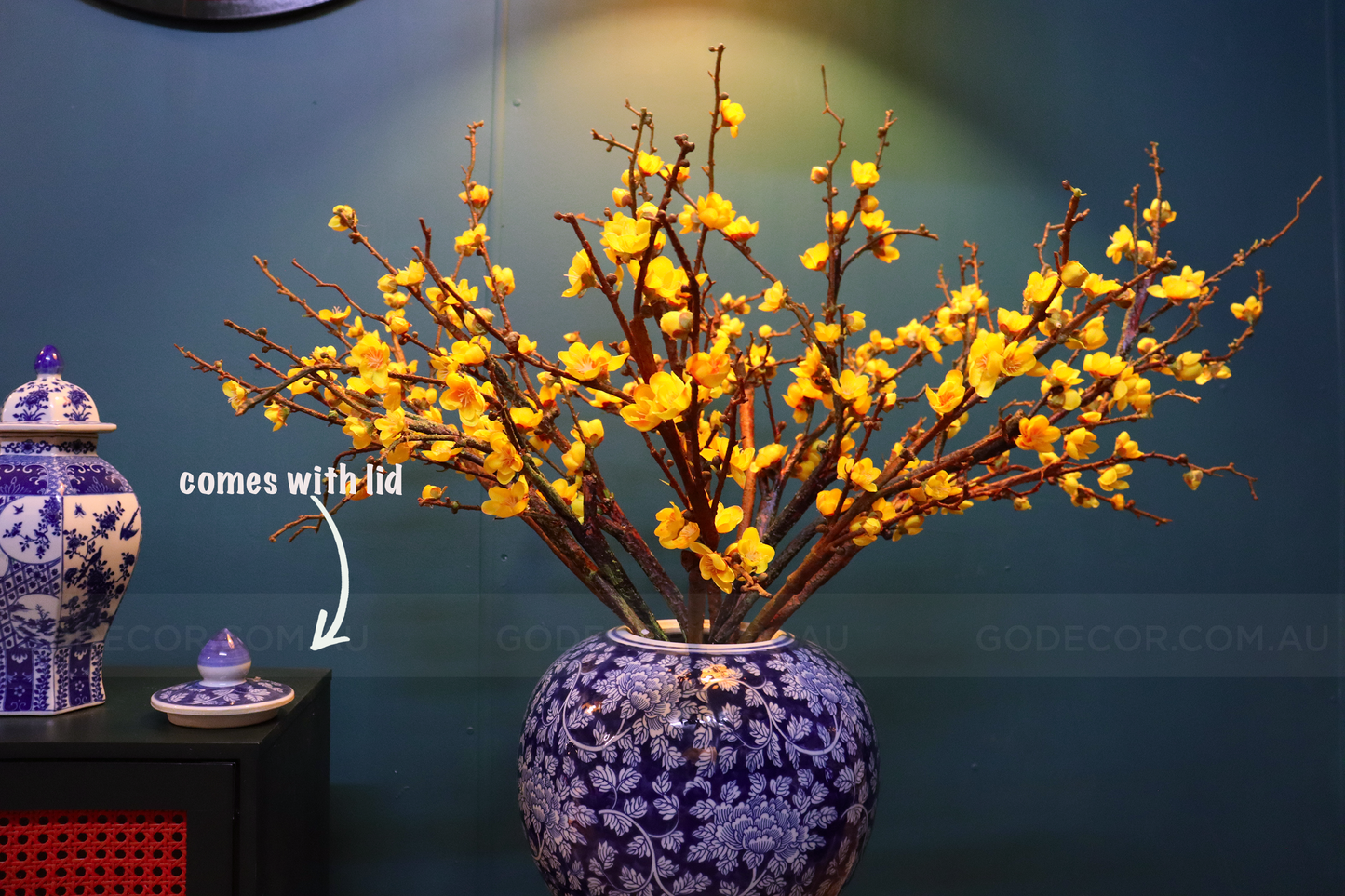 76CM Artificial Flower Yellow Plum Blossom In Round Blue & White Chinese Pattern Jar (ARCS1)