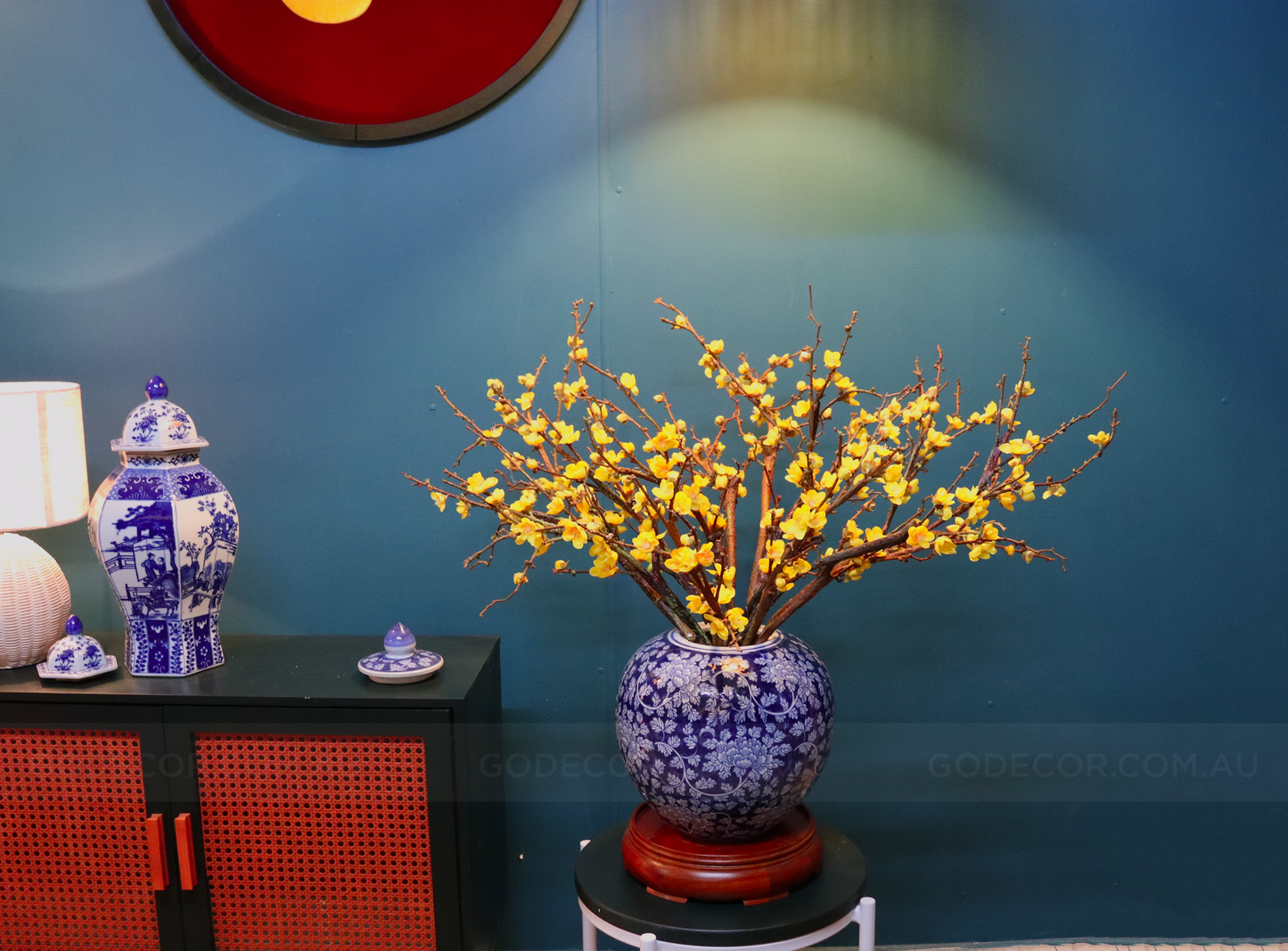 76CM Artificial Flower Yellow Plum Blossom In Round Blue & White Chinese Pattern Jar (ARCS1)