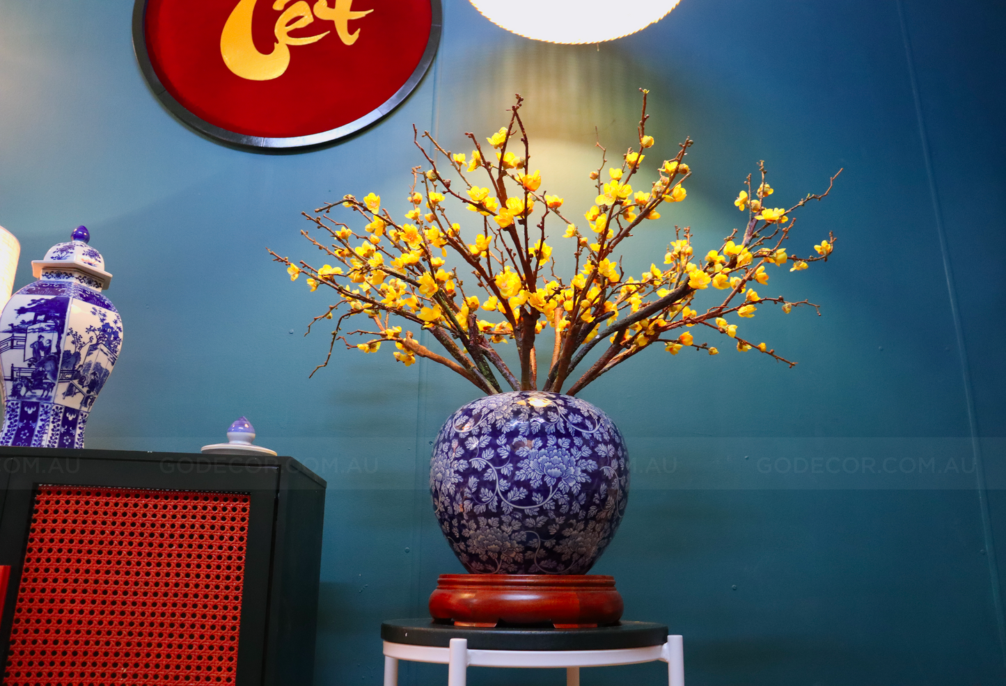 76CM Artificial Flower Yellow Plum Blossom In Round Blue & White Chinese Pattern Jar (ARCS1)