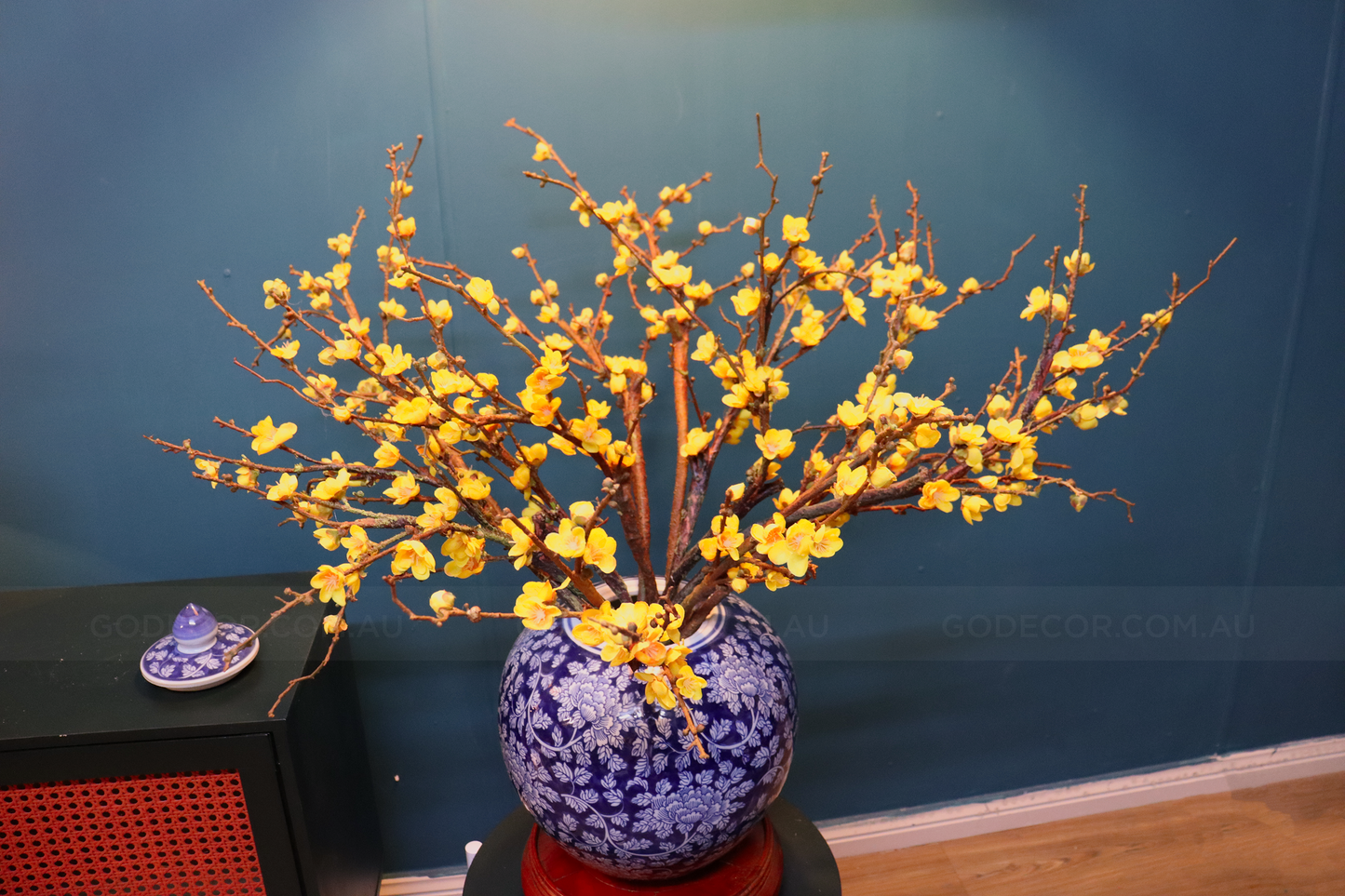 76CM Artificial Flower Yellow Plum Blossom In Round Blue & White Chinese Pattern Jar (ARCS1)