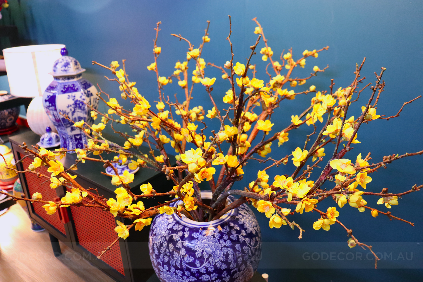 76CM Artificial Flower Yellow Plum Blossom In Round Blue & White Chinese Pattern Jar (ARCS1)
