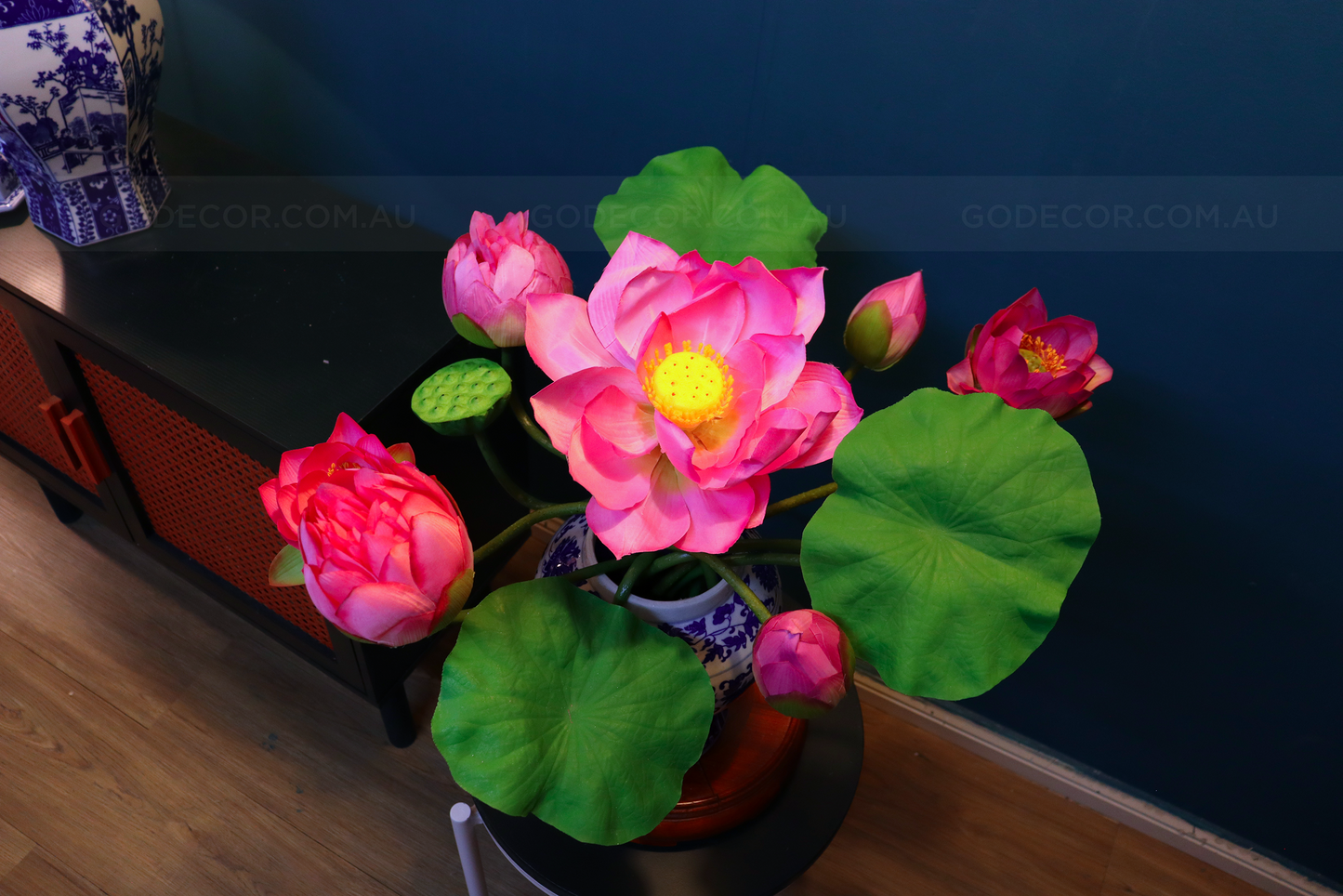 Artificial Flower Bunch Of Lotus In Blue & White Chinese Pattern Jar (ARCV1)