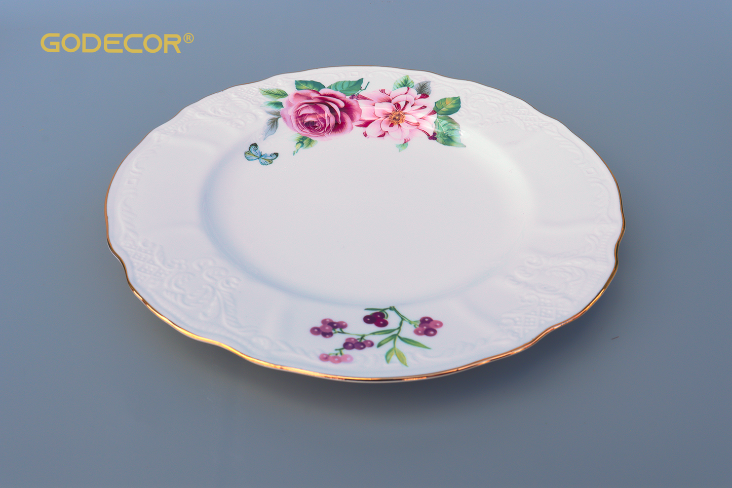 18 Pcs Gold Rim Dinnerware Embossed White with Rose Pattern