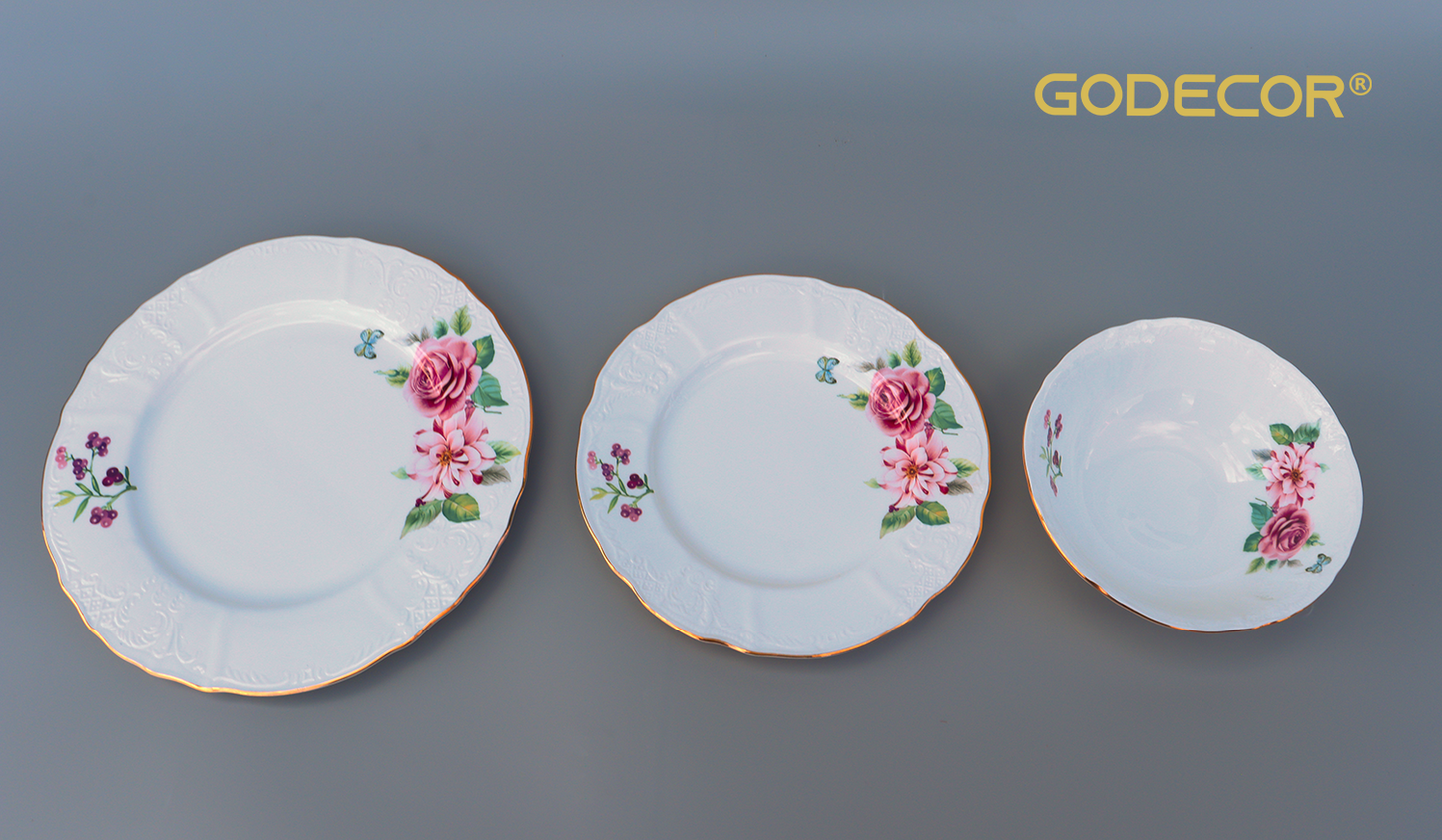 18 Pcs Gold Rim Dinnerware Embossed White with Rose Pattern
