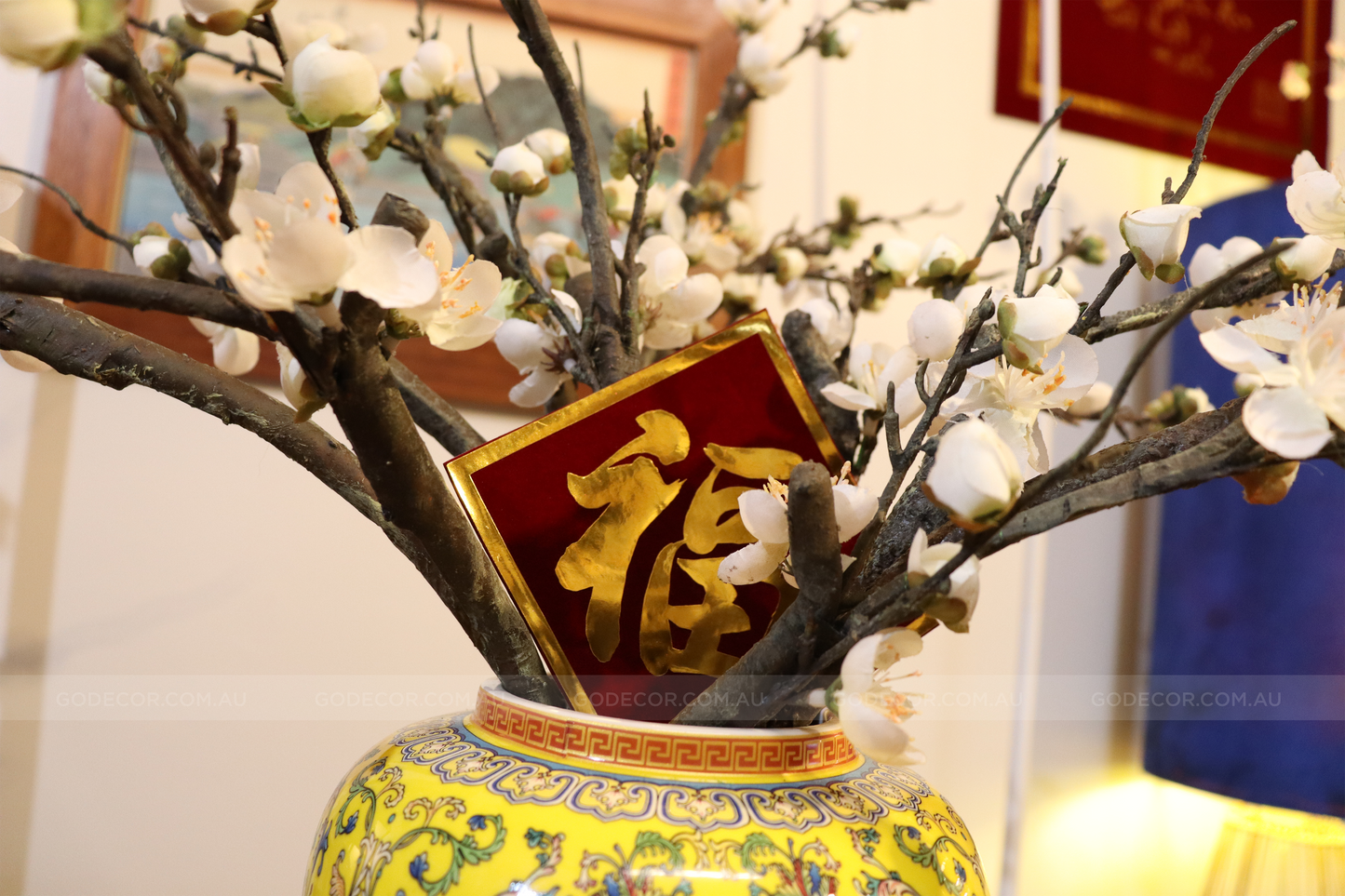 50CM Tall Artificial Flower Arrangement Realistic Plum Blossom In Yellow Chinese Pattern Jar (ARAA1)