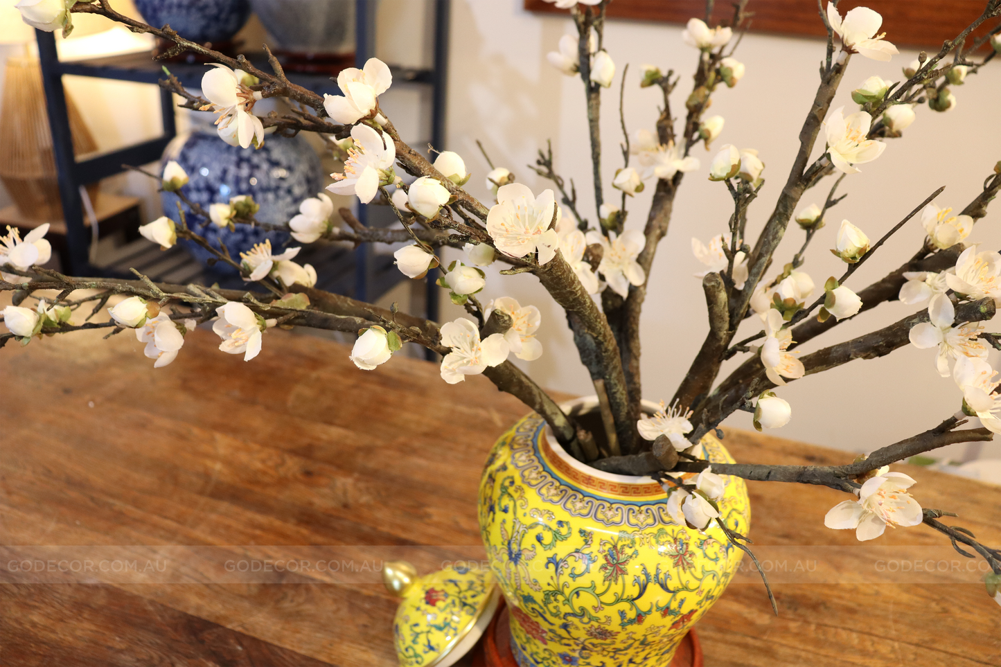 50CM Tall Artificial Flower Arrangement Realistic Plum Blossom In Yellow Chinese Pattern Jar (ARAA1)