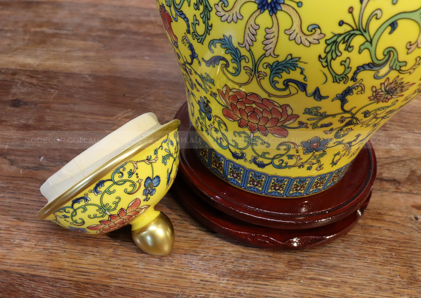 50CM Tall Artificial Flower Arrangement Realistic Plum Blossom In Yellow Chinese Pattern Jar (ARAA1)