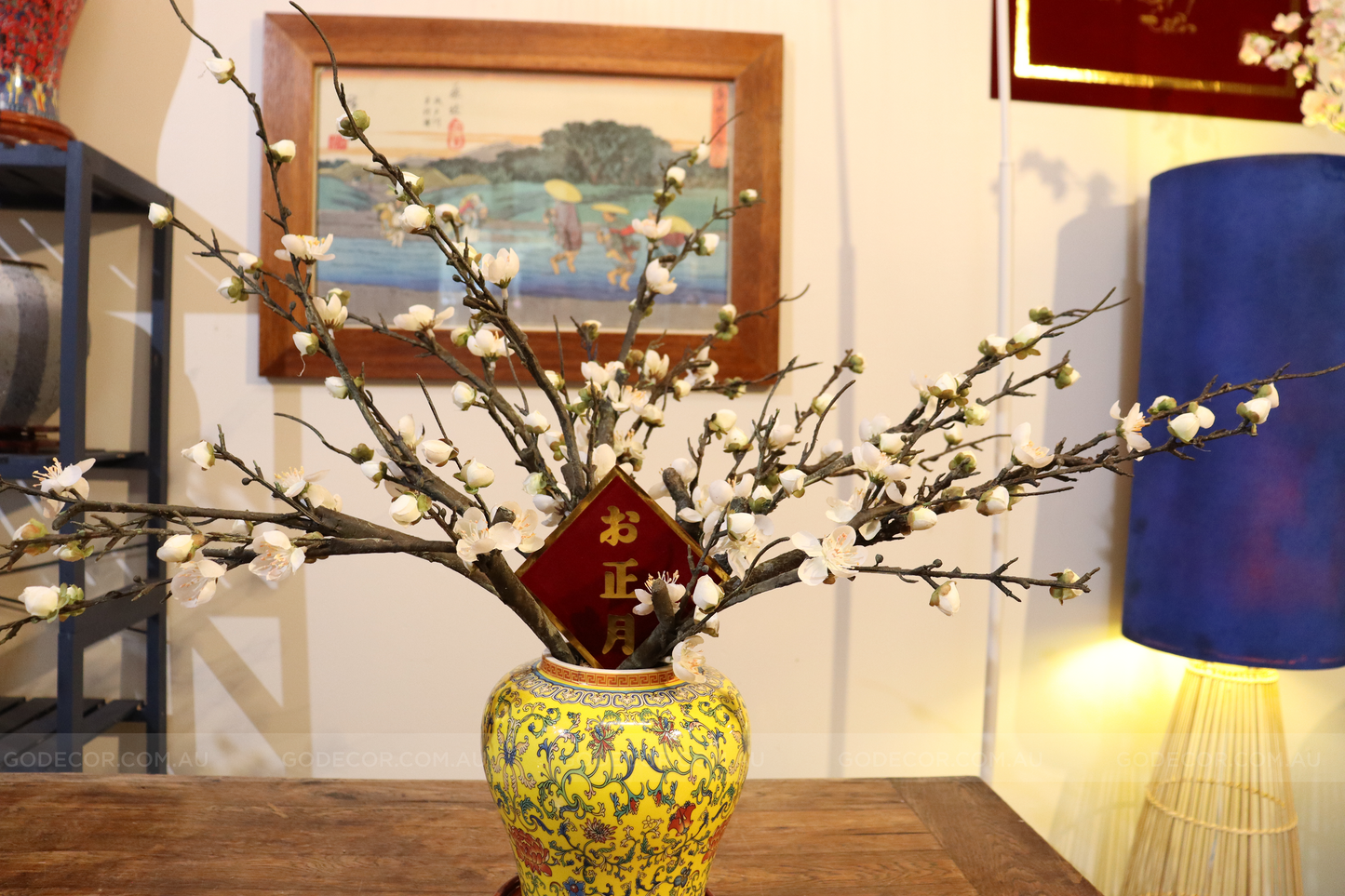 50CM Tall Artificial Flower Arrangement Realistic Plum Blossom In Yellow Chinese Pattern Jar (ARAA1)