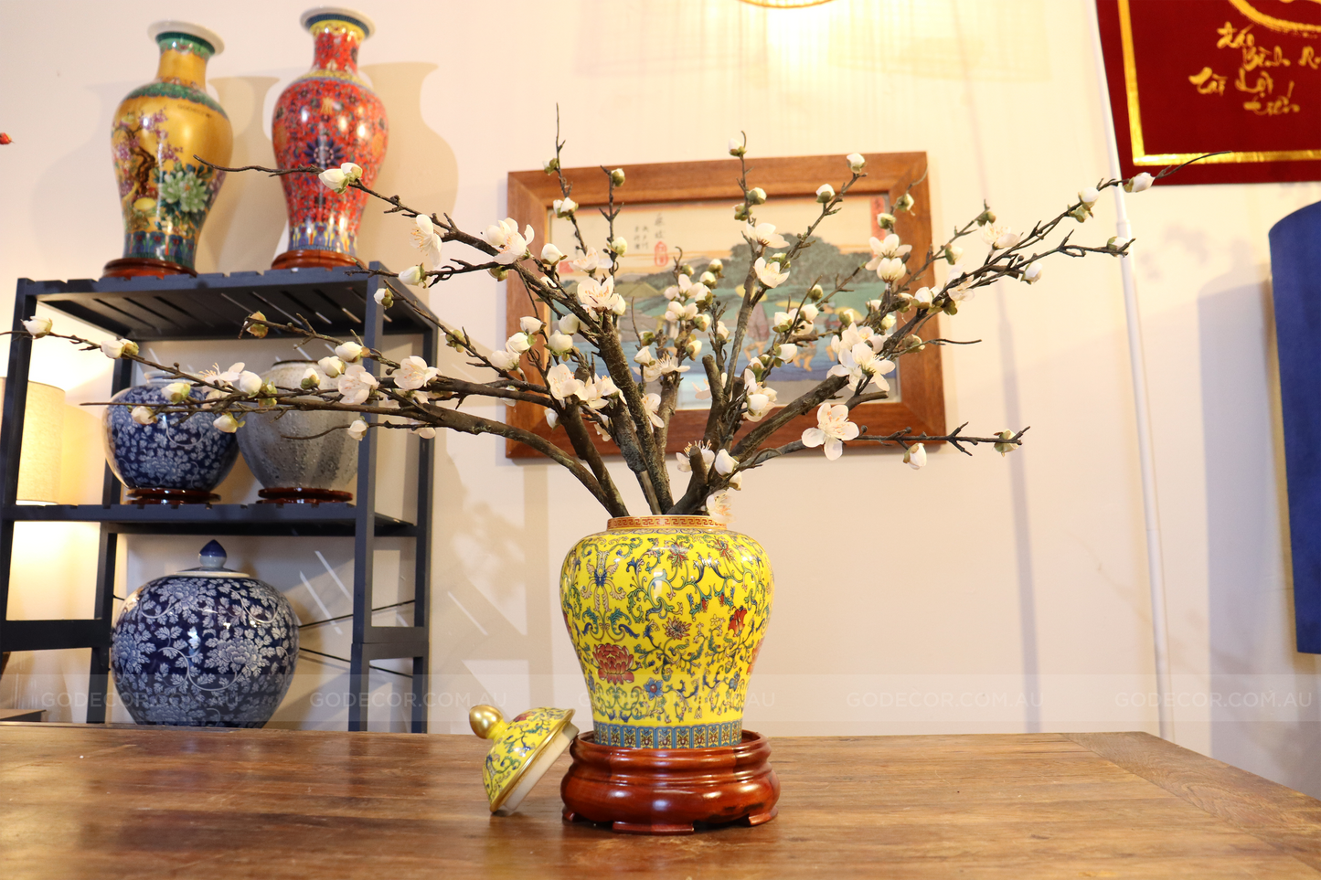 50CM Tall Artificial Flower Arrangement Realistic Plum Blossom In Yellow Chinese Pattern Jar (ARAA1)