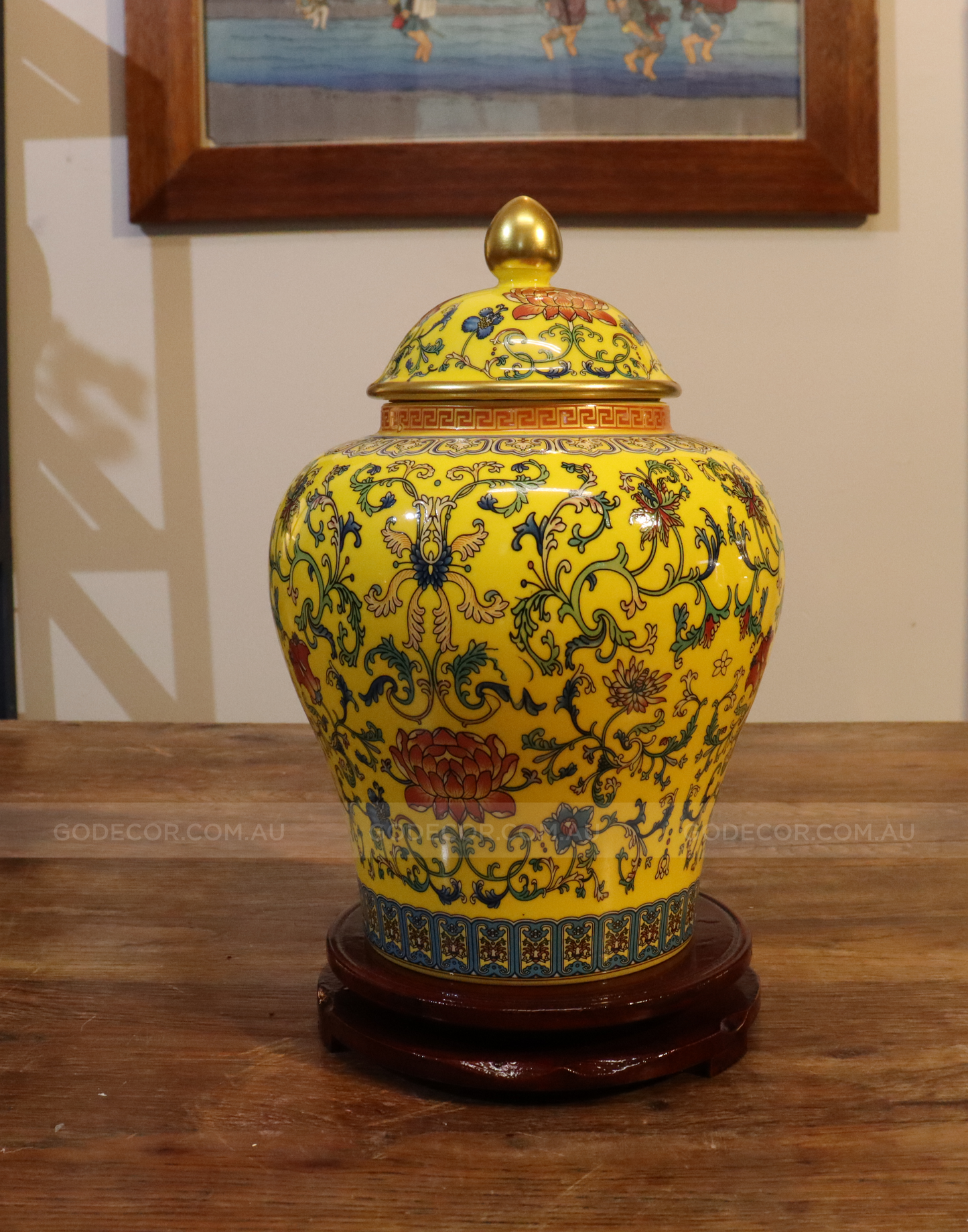 50CM Tall Artificial Flower Arrangement Realistic Plum Blossom In Yellow Chinese Pattern Jar (ARAA1)