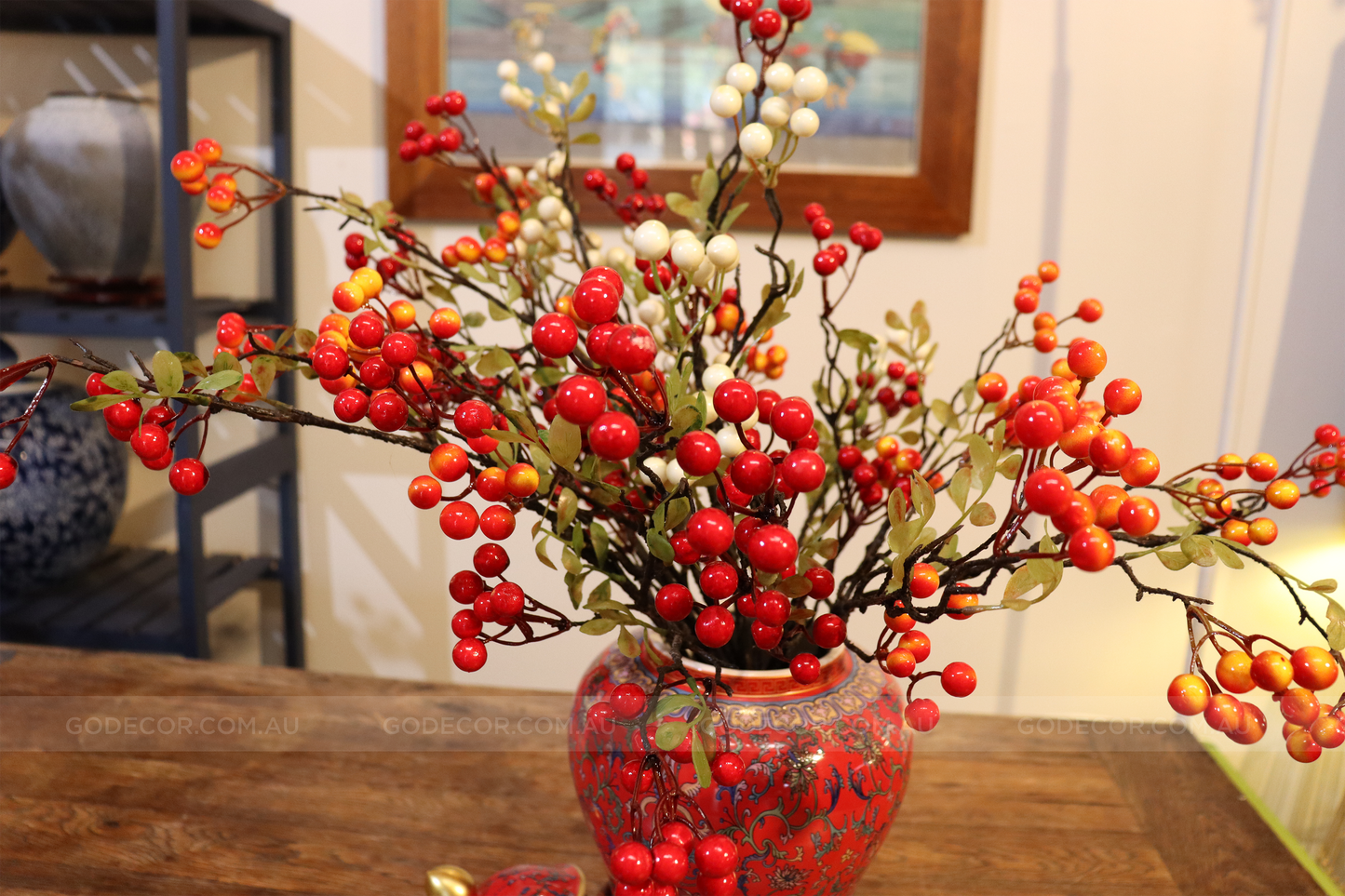 50CM Tall Artificial Flower Arrangement Berry Branches In Yellow Chinese Pattern Jar (ARAA3)