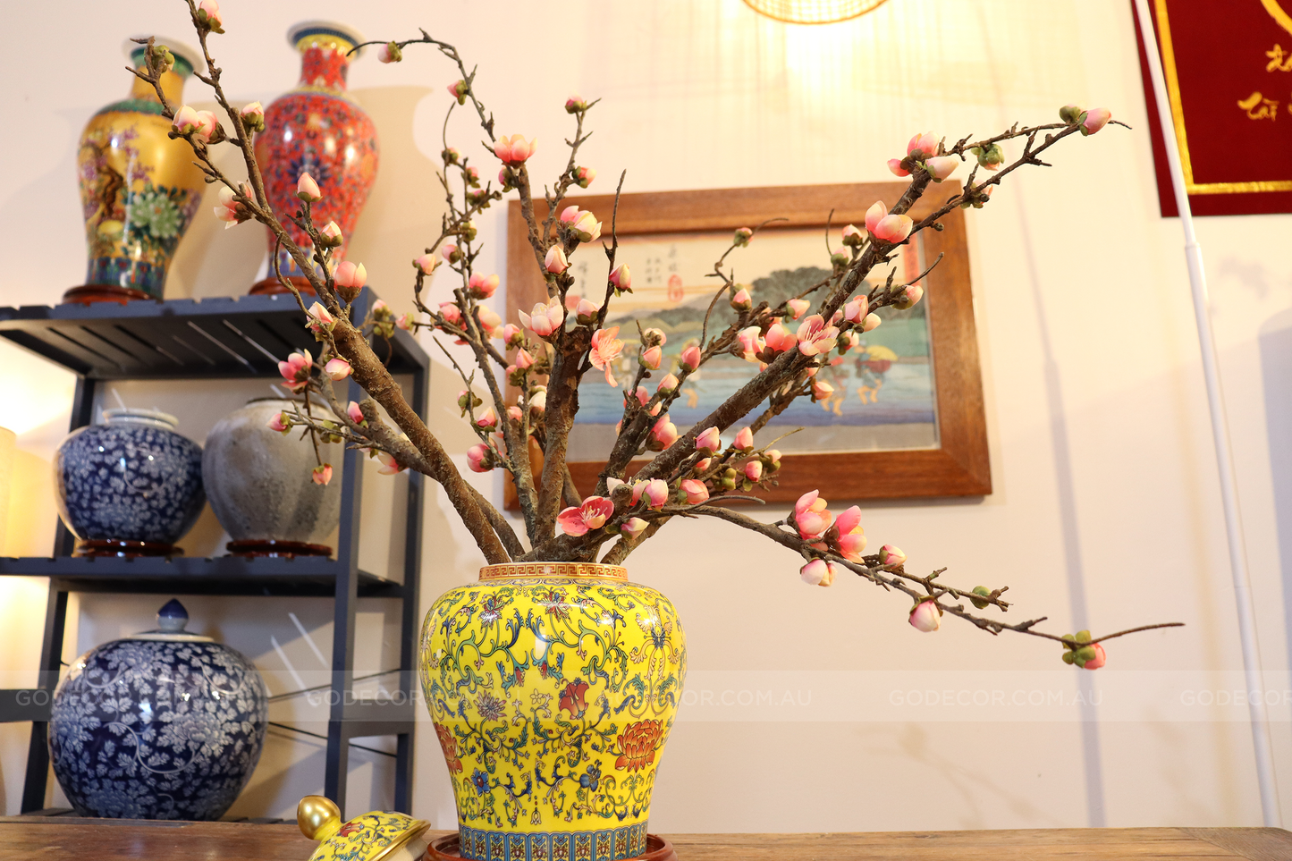 50CM Tall Artificial Flower Arrangement Realistic Plum Blossom In Yellow Chinese Pattern Jar (ARAA1)