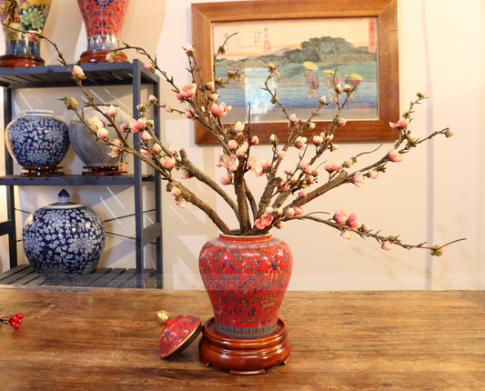 50CM Tall Artificial Flower Arrangement Plum Blossom In Red Chinese Pattern Jar (ARAA5)