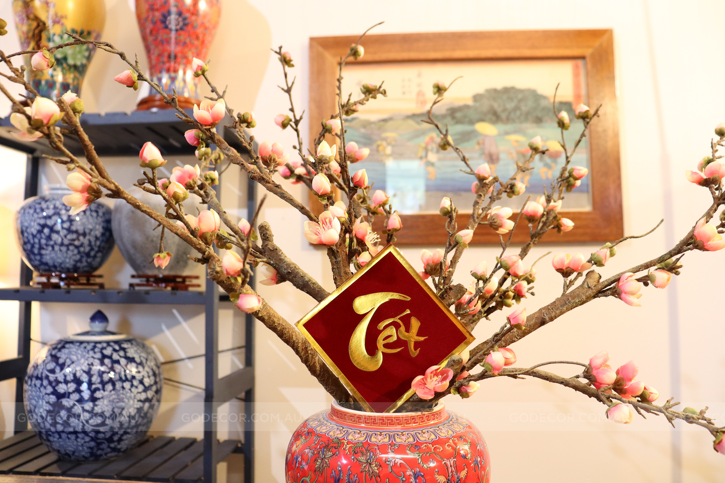 50CM Tall Artificial Flower Arrangement Plum Blossom In Red Chinese Pattern Jar (ARAA5)