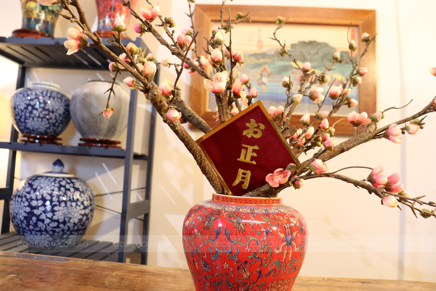 50CM Tall Artificial Flower Arrangement Plum Blossom In Red Chinese Pattern Jar (ARAA5)
