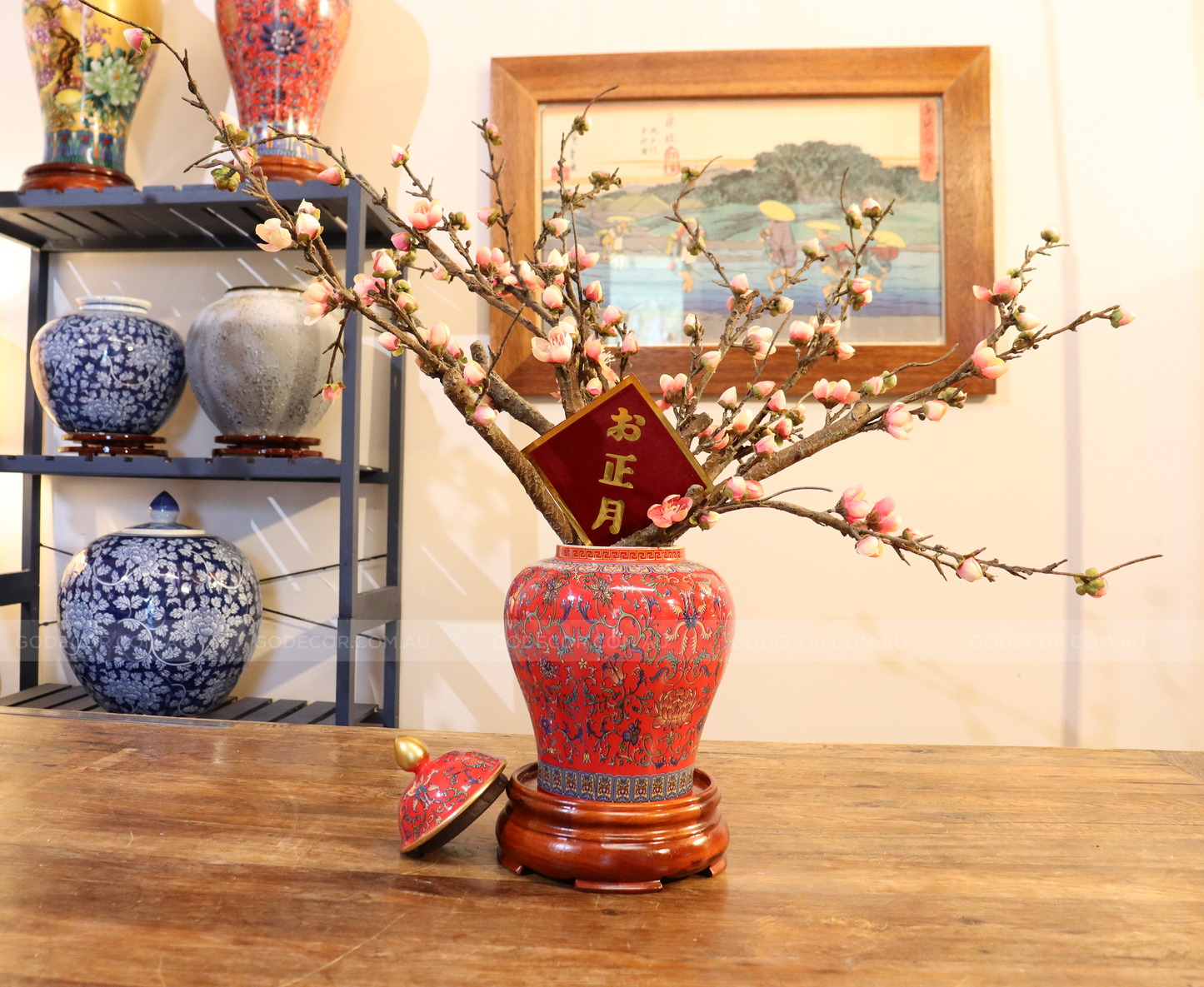 50CM Tall Artificial Flower Arrangement Plum Blossom In Red Chinese Pattern Jar (ARAA5)