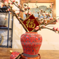 50CM Tall Artificial Flower Arrangement Plum Blossom In Red Chinese Pattern Jar (ARAA5)