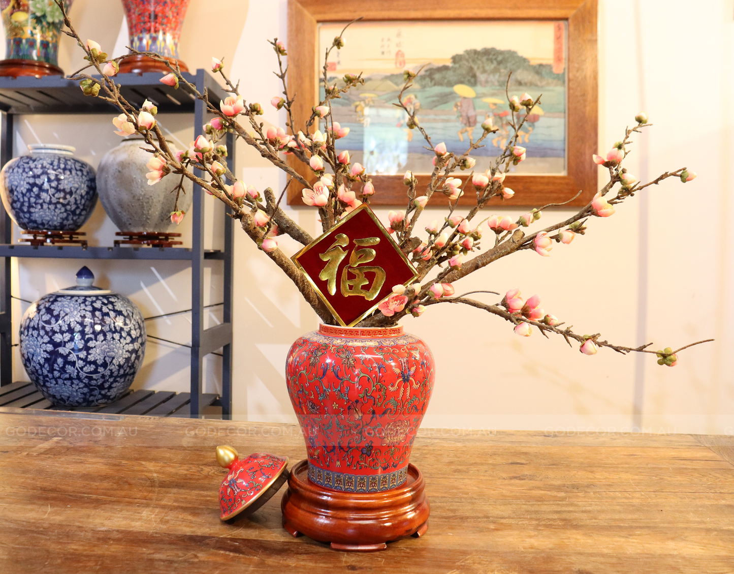 50CM Tall Artificial Flower Arrangement Plum Blossom In Red Chinese Pattern Jar (ARAA5)