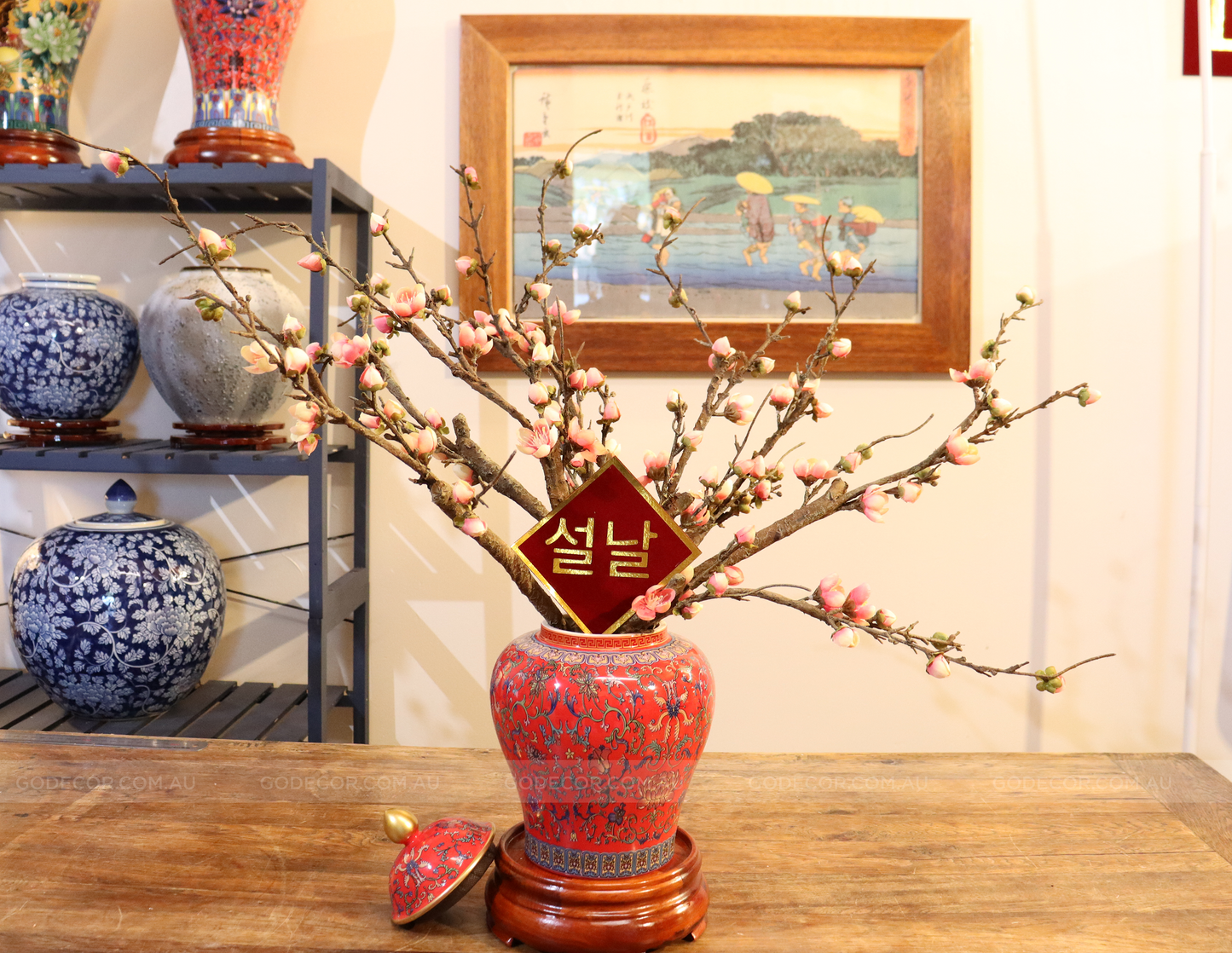 50CM Tall Artificial Flower Arrangement Plum Blossom In Red Chinese Pattern Jar (ARAA5)