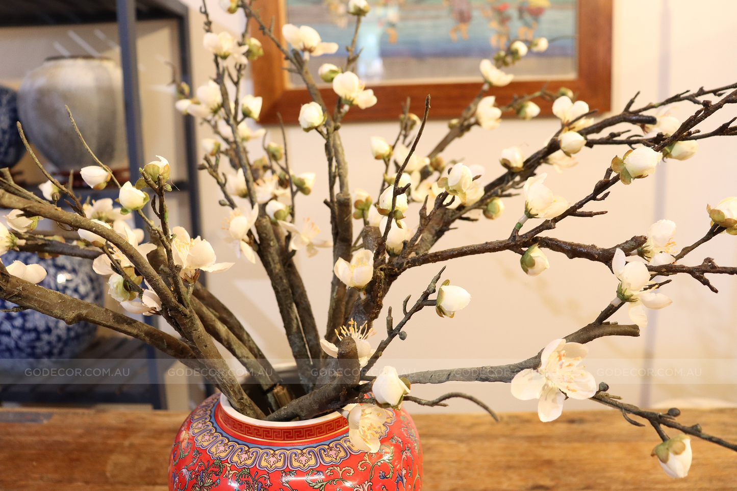 50CM Tall Artificial Flower Arrangement Plum Blossom In Red Chinese Pattern Jar (ARAA5)