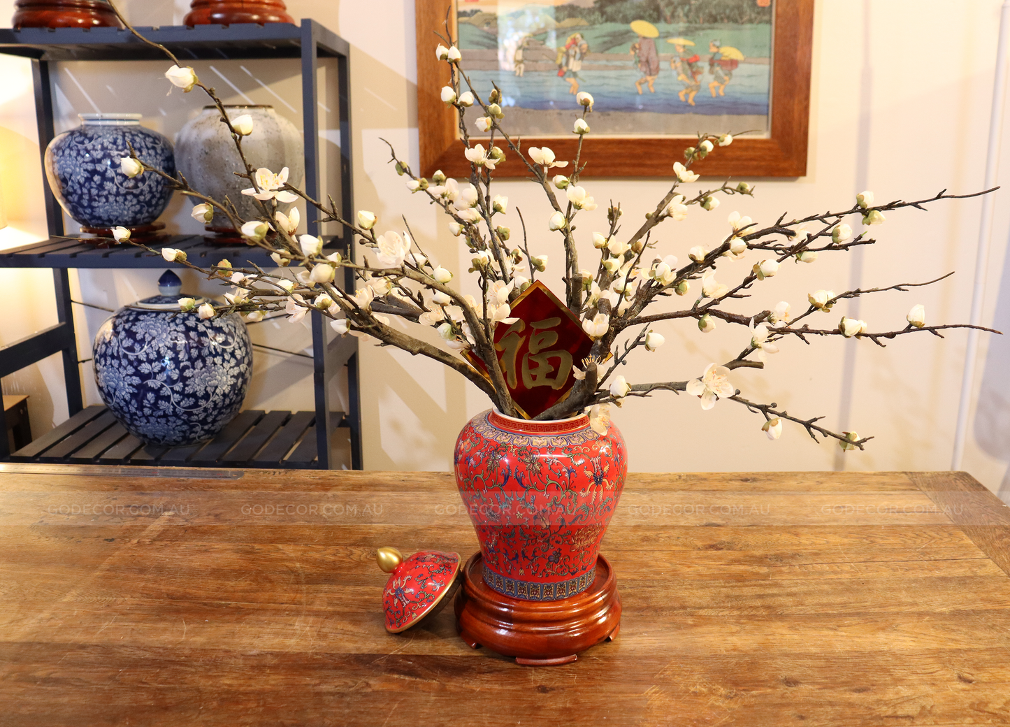 50CM Tall Artificial Flower Arrangement Plum Blossom In Red Chinese Pattern Jar (ARAA5)