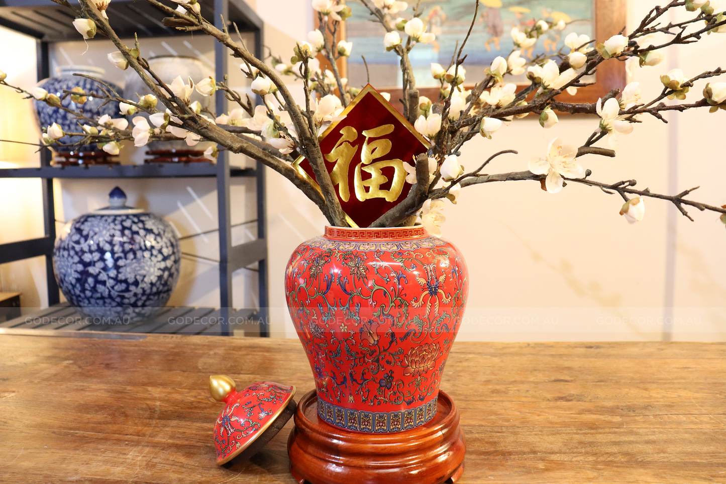 50CM Tall Artificial Flower Arrangement Plum Blossom In Red Chinese Pattern Jar (ARAA5)