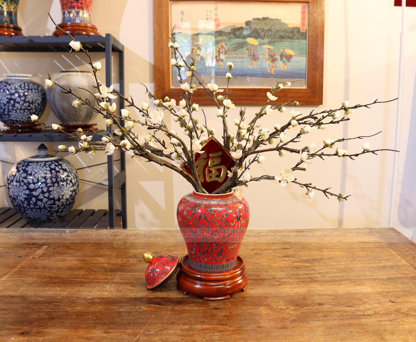 50CM Tall Artificial Flower Arrangement Plum Blossom In Red Chinese Pattern Jar (ARAA5)