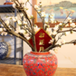 50CM Tall Artificial Flower Arrangement Plum Blossom In Red Chinese Pattern Jar (ARAA5)
