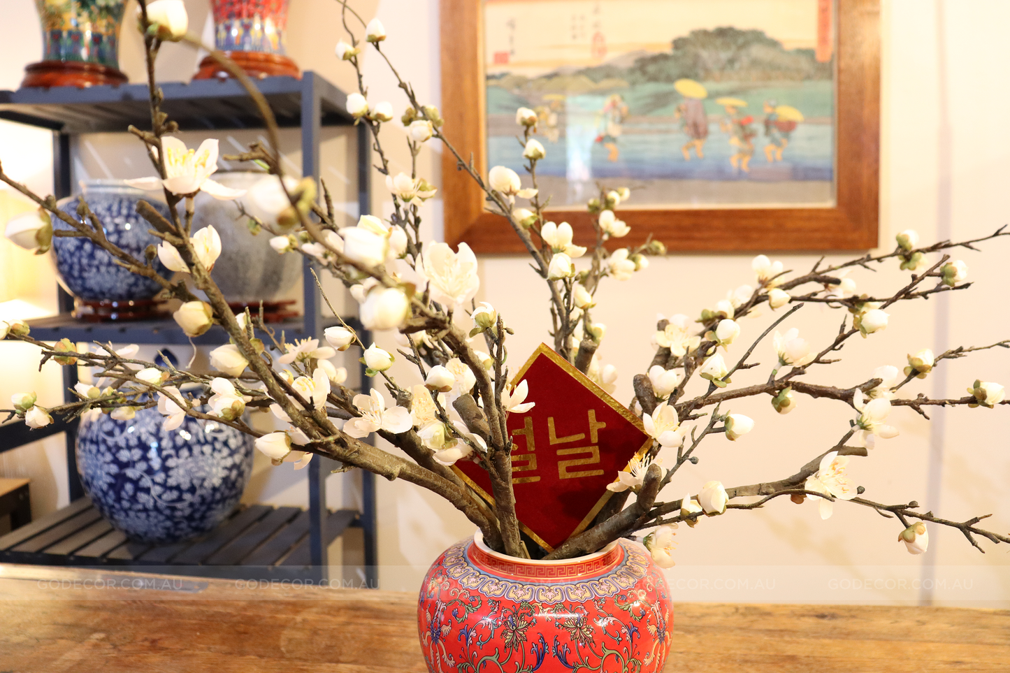 50CM Tall Artificial Flower Arrangement Plum Blossom In Red Chinese Pattern Jar (ARAA5)