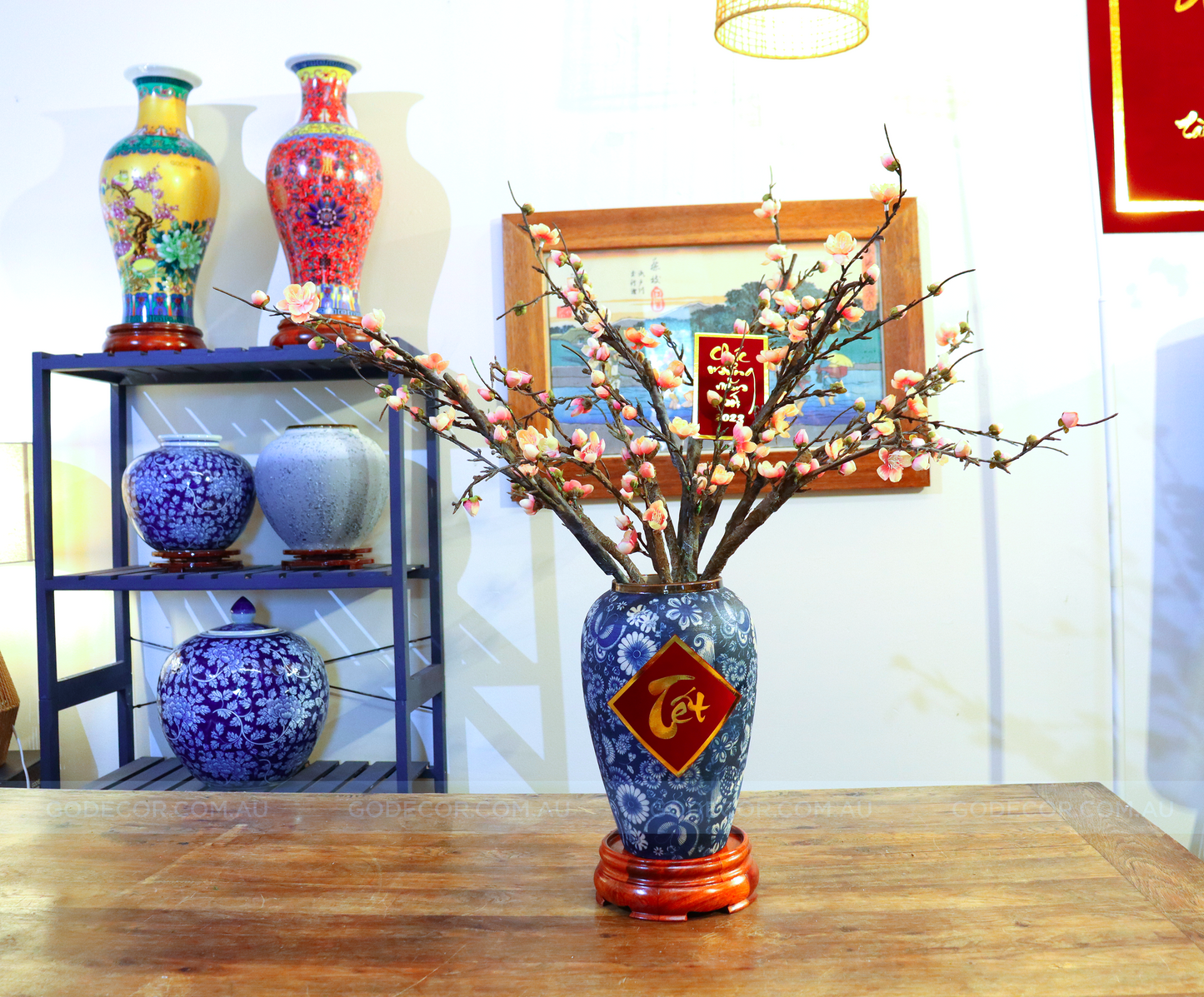 73CM Tall Artificial Flowers Arrangement Plum Blossom In Blue & White Pattern Vase (ARAL1)