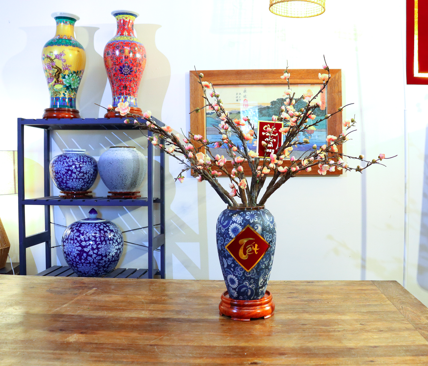 73CM Tall Artificial Flowers Arrangement Plum Blossom In Blue & White Pattern Vase (ARAL1)