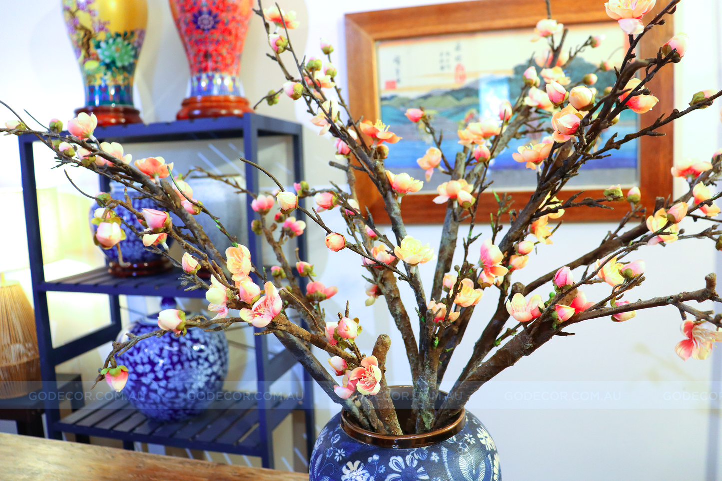 73CM Tall Artificial Flowers Arrangement Plum Blossom In Blue & White Pattern Vase (ARAL1)