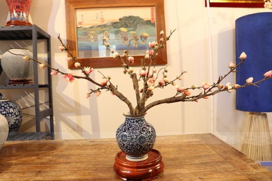 51CM Tall Artificial Flower Arrangement Realistic Plum Blossom In Short Blue Pattern Vase (ARCT1)