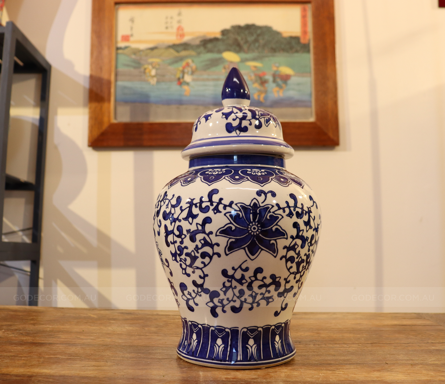 81CM Tall Artificial Flower Arrangement Berry Branches In White & Blue Pattern Ginger Jar(ARBL1)