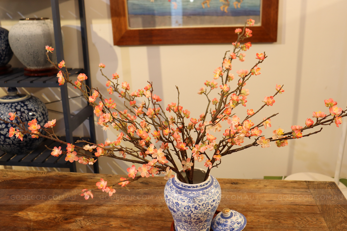 52CM Tall Artificial Flower Arrangement Plum Blossom In White & Blue Pattern Jar (ARAS1,2)