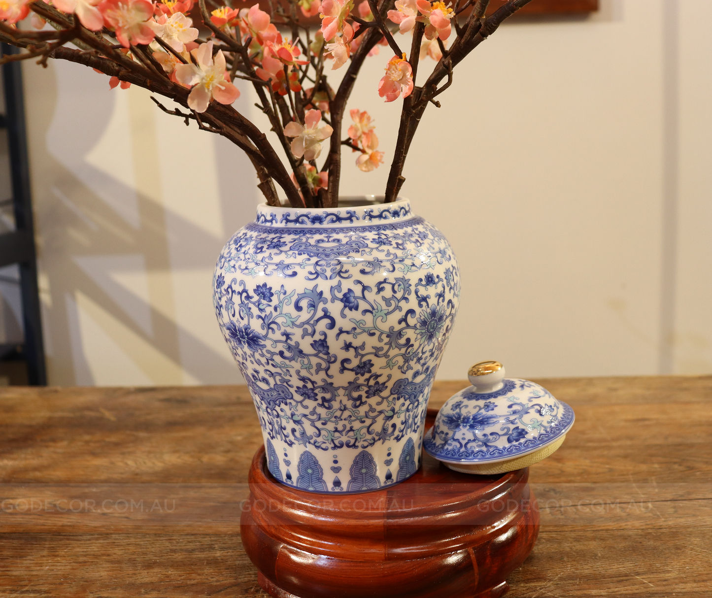 52CM Tall Artificial Flower Arrangement Plum Blossom In White & Blue Pattern Jar (ARAS1,2)